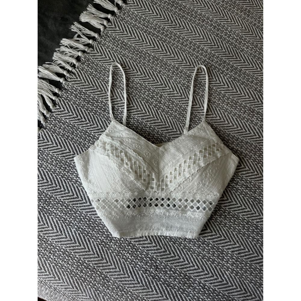 Rebellion Again White Eyelet Lace Smocked Crop Top Beachy vacation  Cotton XS